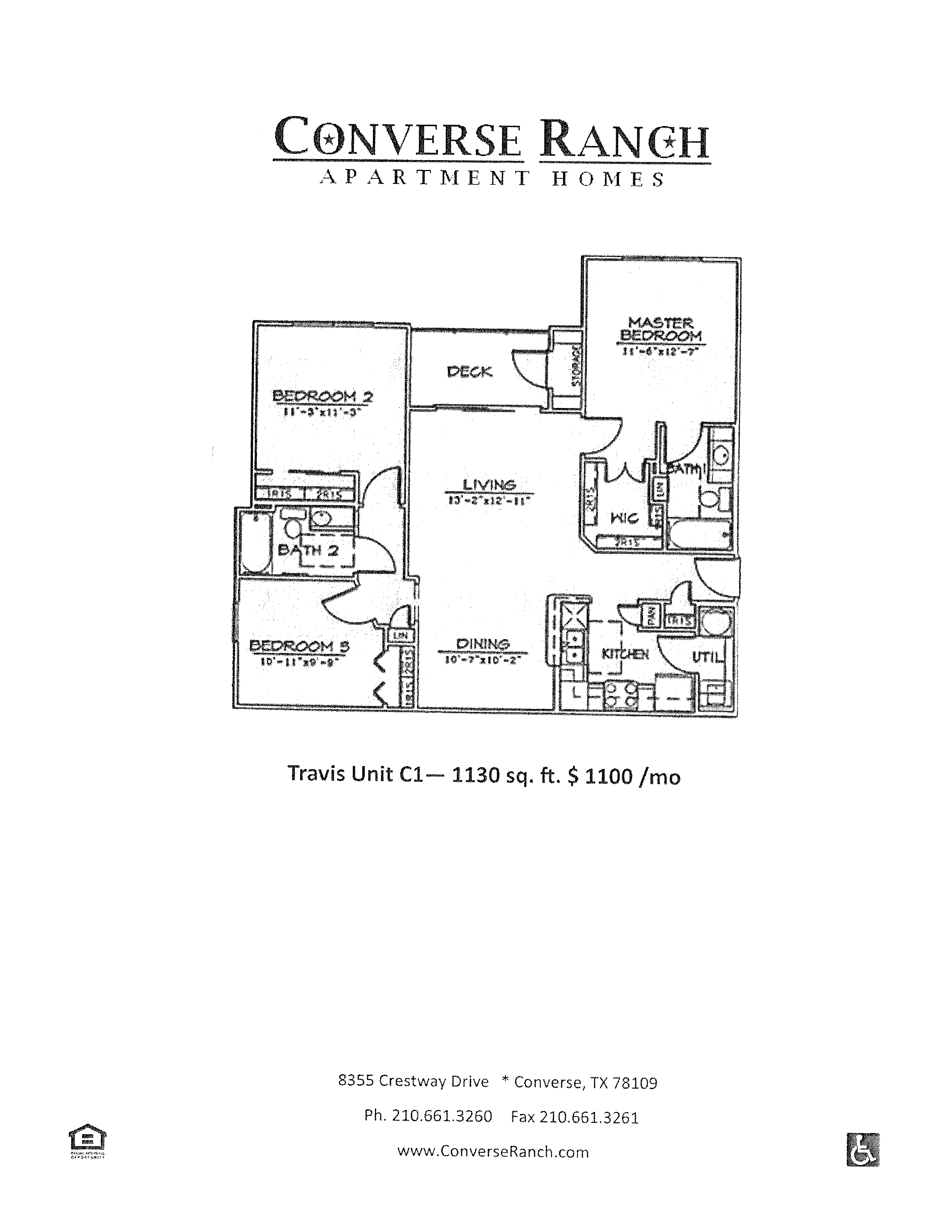 Floor plan for 3 beds, 2 baths, 1130 sqft
